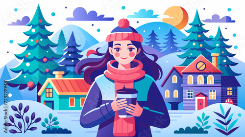 Winter wonderland scene with cheerful woman holding coffee