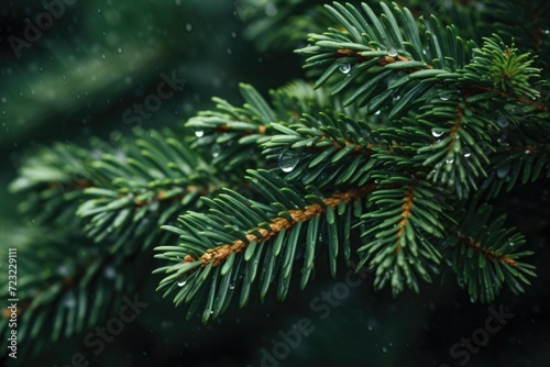 A detailed view of a pine tree branch with raindrops. This image can be used to depict nature  rainy weather  or the beauty of plants in wet conditions