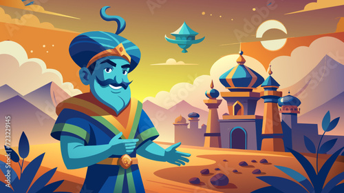 Colorful arabian nights scene with cheerful genie and palace
