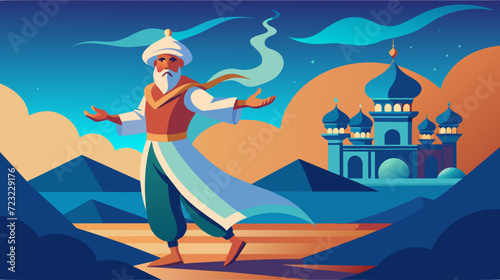 Magical arabian nights scene with genie and palace vector illustration