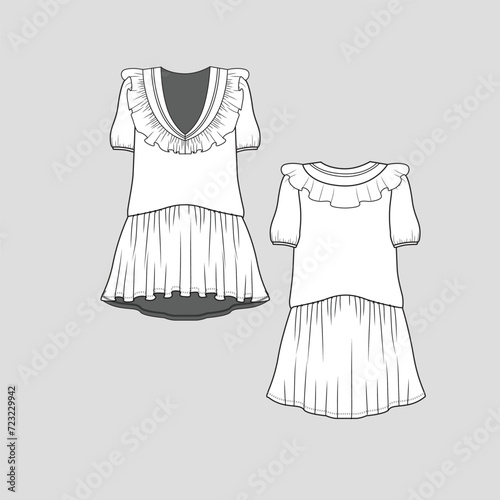 Ruffles Neck peplum top Fancy Neckline ruffles waist gathering high low dip hem Short Sleeve fashion t shirt top dress tunic blouse flat sketch technical drawing template design vector