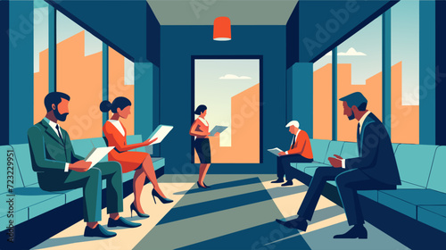Corporate office waiting area with businesspeople vector illustration