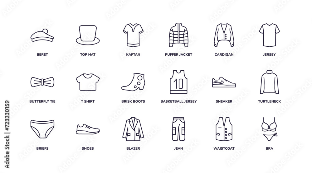 editable outline icons set. thin line icons from clothes collection. linear icons such as beret, puffer jacket, brisk boots, briefs, jean, bra - obrazy, fototapety, plakaty 