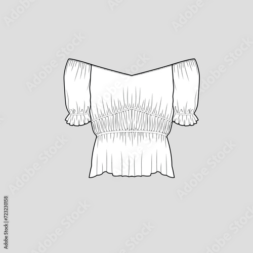 Ruffles Off Shoulder gathering shirred top Gathering Ruffles detail hem fashion  top blouse Flat Sketch technical Drawing template design vector