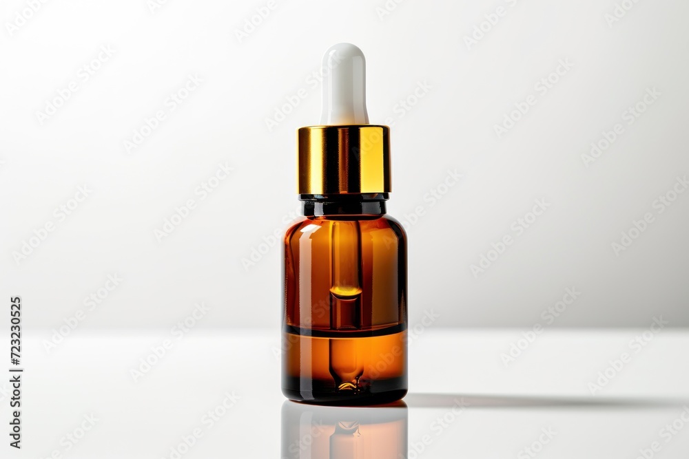 Amber dropper bottle containing essential serum oil with gold cap isolated on white background Clip path included