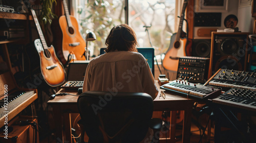 An indie musician writing songs in a cozy home studio surrounded by various instruments and recording equipment. photo