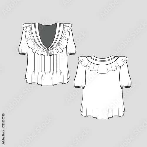 Ruffles Pleated Crop top Fancy Neckline ruffles Front Pleats detail gathering Short Sleeve detail Cropped fashion t shirt top blouse flat sketch technical drawing template design vector