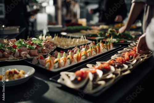 A display of various appetizers arranged on trays. Perfect for catering events and cocktail parties