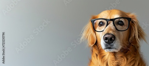 Smart dog with black glasses isolated on grey backgroundcopy space on left for text. photo