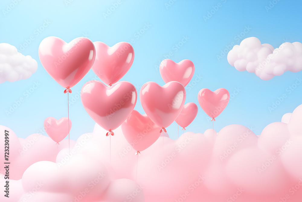 pink heart shaped balloons in the sky, romantic, copy space