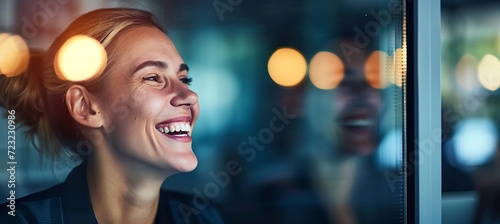 Joyful businesswoman at office meeting, portrait with copy space on blurred glass walls background
