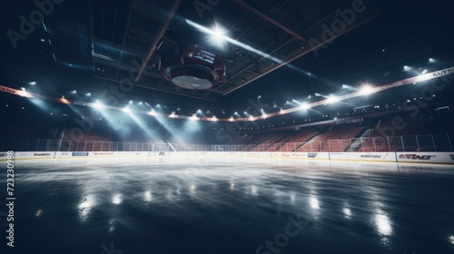 An empty hockey rink with lights shining on the ice. Suitable for sports-related designs and concepts