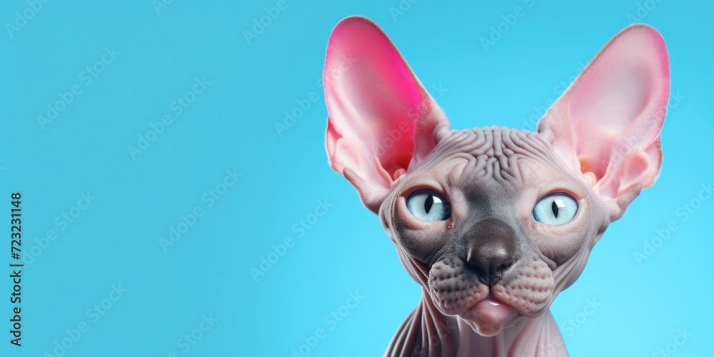 A close up view of a cat on a blue background. Perfect for pet lovers and animal-themed designs