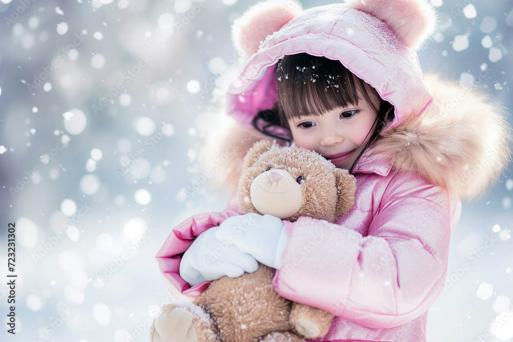 Adorable Child in Pink Hooded Jacket Hugging Teddy Bear in Snowy Weather Adorable Child in Pink Hooded Jacket Hugging Teddy Bear in Snowy Weather
