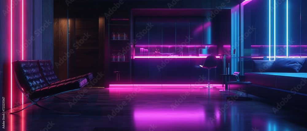 Modern studio with a sleek black abstract area, accented with neon lights, offering a futuristic, creative vibe Modern studio with a sleek black abstract area, accented with neon lights, offering a futuristic, creative vibe