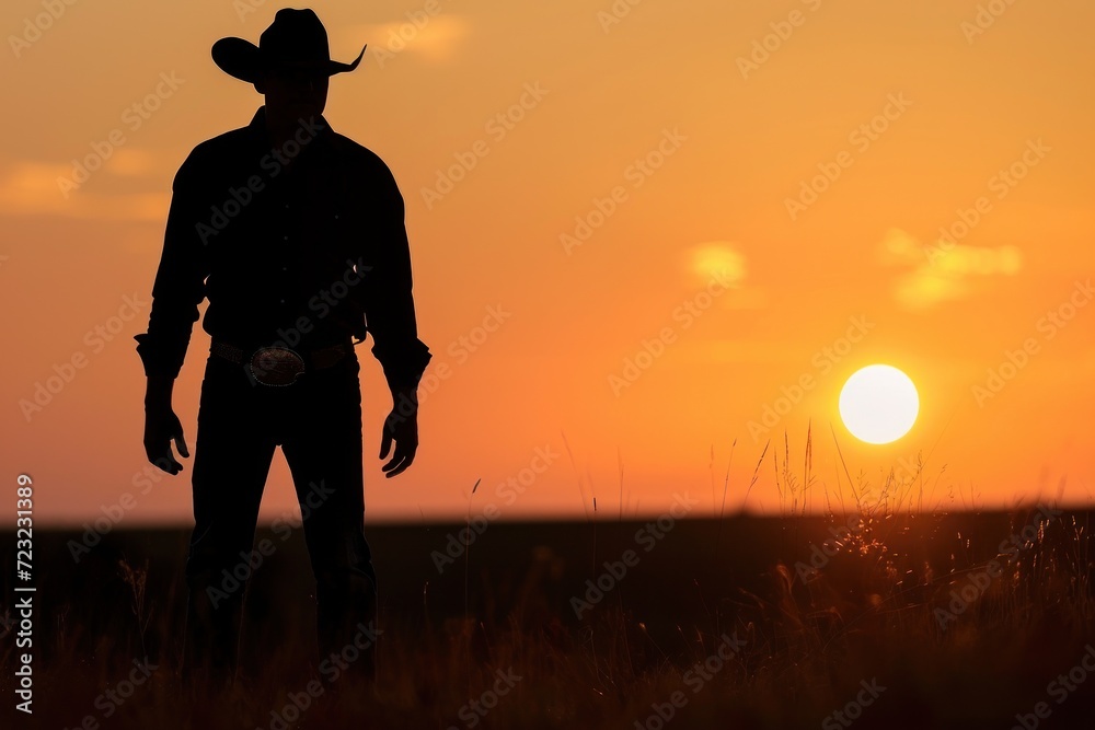 American cowboy with hat silhouette countryside at sunset