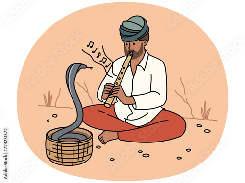 Man in turban playing on flute with cobra dancing in basket. Snake charmer play musical instrument for hypnotizing. Vector illustration.