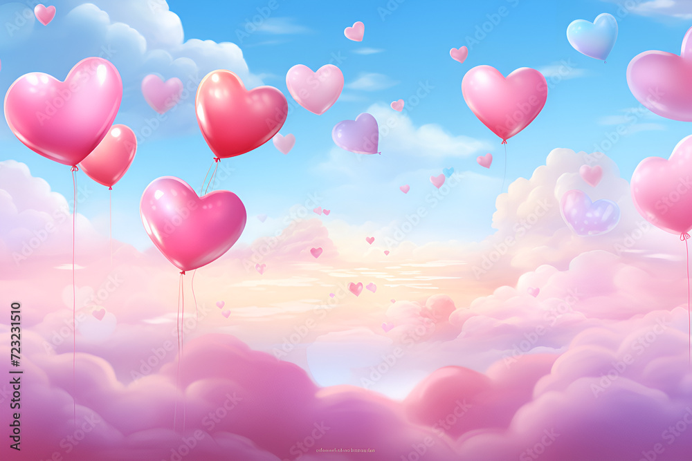 heart shaped balloons in sky, colorful