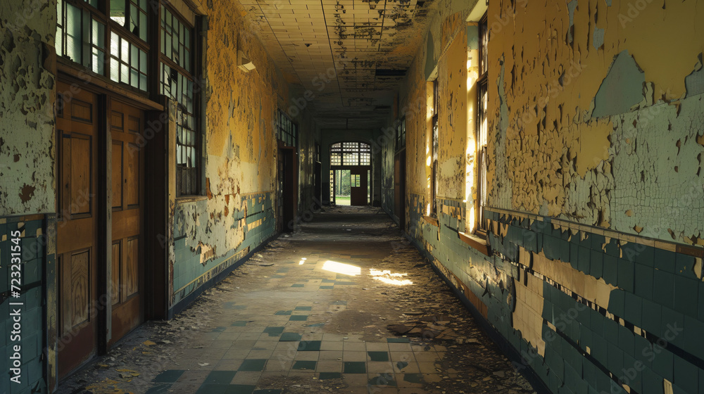 An old empty school with echoing hallways and peeling paint.