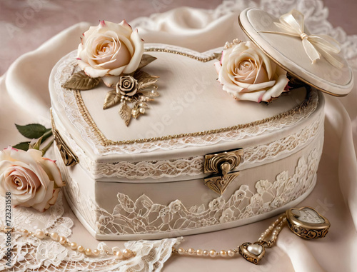 Romantic Valentine's Day Gift - Delicate jewelry box and couple in love with vintage lace and love letters Gen AI