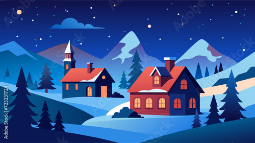 Winter night landscape with snowy village and mountains vector illustration