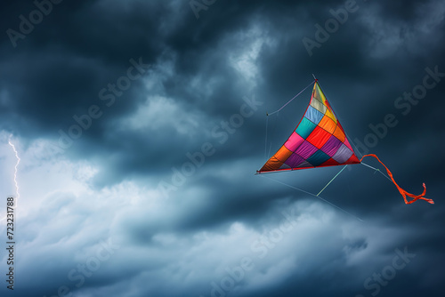 Striking Kite Against Stormy Sky with Lightning
