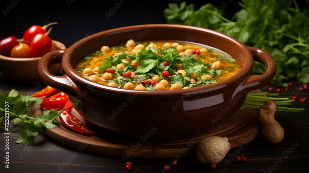 Moroccan Harira Soup in a black bowl on a tabletop made of grey concrete Moroccan Harira Soup in a black bowl on a tabletop made of grey concrete