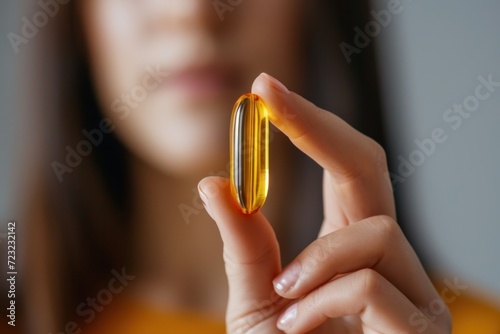 A woman holds in her hand a yellow transparent capsule with vitamin D or omega-3 in close-up minimalsm photo