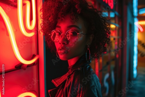Fashion-forward African American woman against neon-lit backdrop