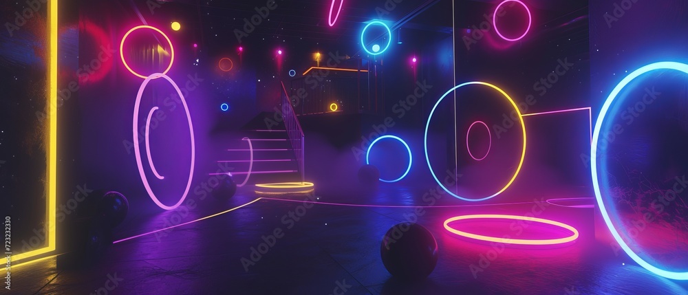 Artistic studio with a deep-space black theme, accented with neon circles and lines, creating a cosmic, exploratory mood Artistic studio with a deep-space black theme, accented with neon circles and lines, creating a cosmic, exploratory mood