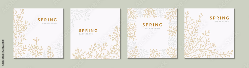 Set of spring social media square post templates. Japanese sakura cherry blossom. Gold and silver branches. Botany background. Hand drawn sketch vector illustration. Wedding invitation and card design