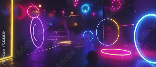 Artistic studio with a deep-space black theme  accented with neon circles and lines  creating a cosmic  exploratory mood