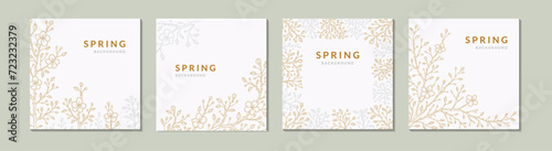 Set of spring social media square post templates. Japanese sakura cherry blossom. Gold and silver branches. Botany background. Hand drawn sketch vector illustration. Wedding invitation and card design photo