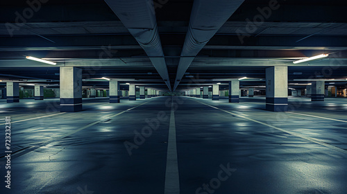 An unused parking garage with multiple levels and stark lighting completely empty.