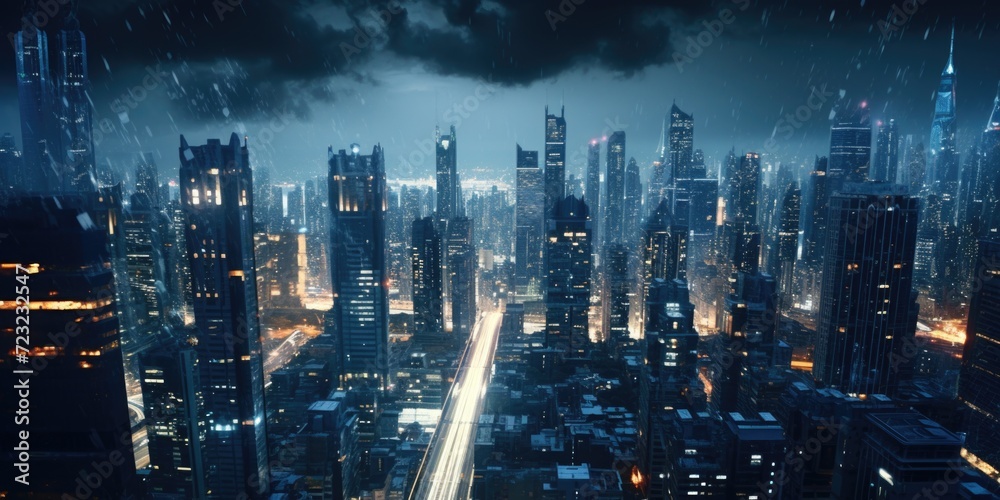 A stunning view of a city at night captured from a high rise building. Perfect for urban and architectural themes A stunning view of a city at night captured from a high rise building. Perfect for urban and architectural themes