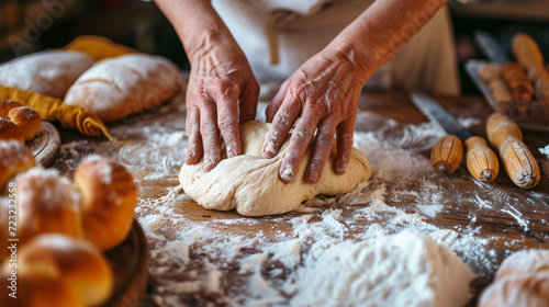 A bakers hands kneading dough on a flour-dusted wooden surface surrounded by fresh pastries and baking tools.