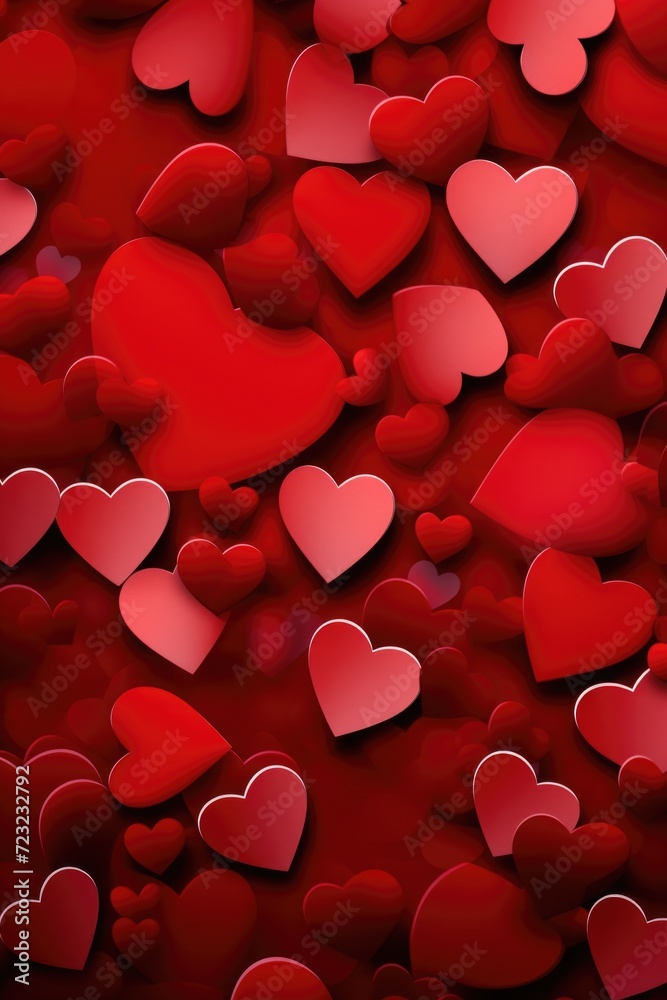 A vibrant image featuring numerous red hearts on a red background. Perfect for expressing love and affection. Great for Valentine's Day cards, social media posts, and romantic designs
