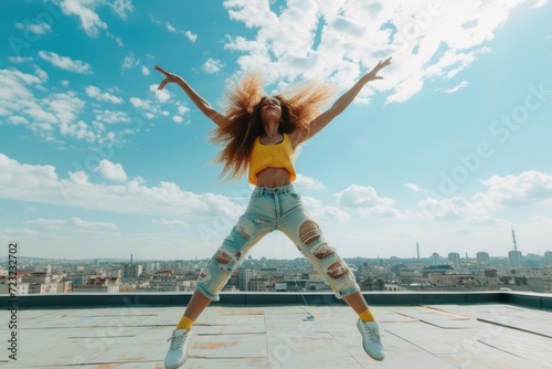 Dance, art and hip hop with woman on rooftop in city for youth, gen z and happy lifestyle. Health, creative and performance with girl dancer in urban town for talent, music and energy with freedom