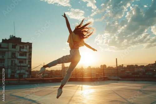 Silhouette of an energetic urban dancer leaping against the backdrop of a sunset over the city skyline.