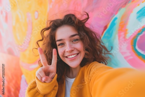 Excited young woman taking a selfie in a studio, she makes a peace sign with an expression of joy on her face. Woman having fun capturing her moments of self confidence and positivity