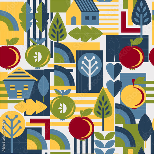 Nordic pattern in blue,red, green and yellow color with trees, flowers and geometric elements