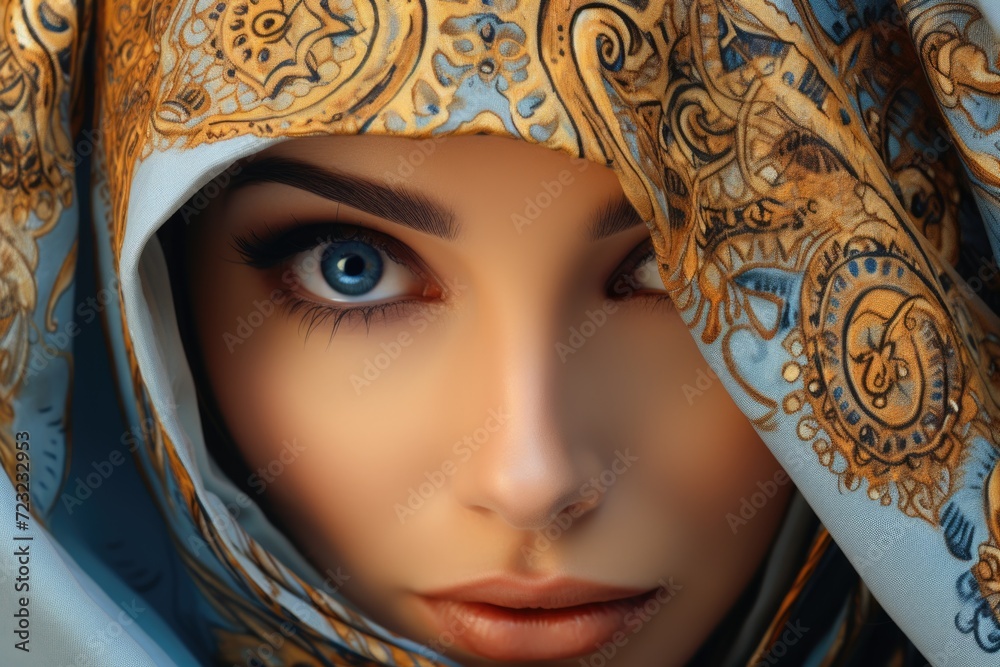 A close-up view of a woman wearing a scarf. This image can be used to depict fashion, winter clothing, or accessories