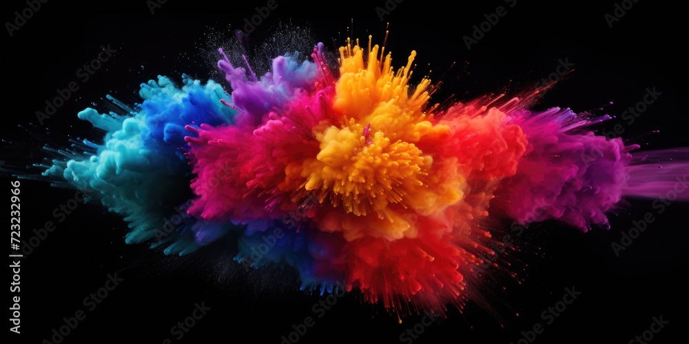 A vibrant explosion of colorful powder on a dark black background. This image can be used to add a burst of energy and excitement to any project