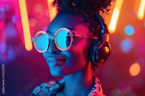 Fashionable woman with headphones, stylish sunglasses in vivid neon lighting