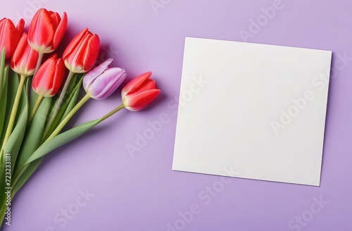 tulip flower bouquet, empty piece of paper card on light purple background. Copy space for text. © Ekaterina Elagina
