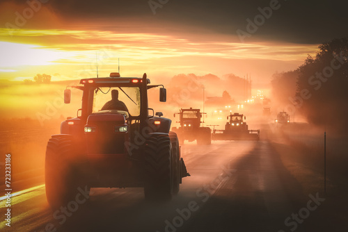 a group of tractor silhouettes blocking highway during foggy sunrise with copy space