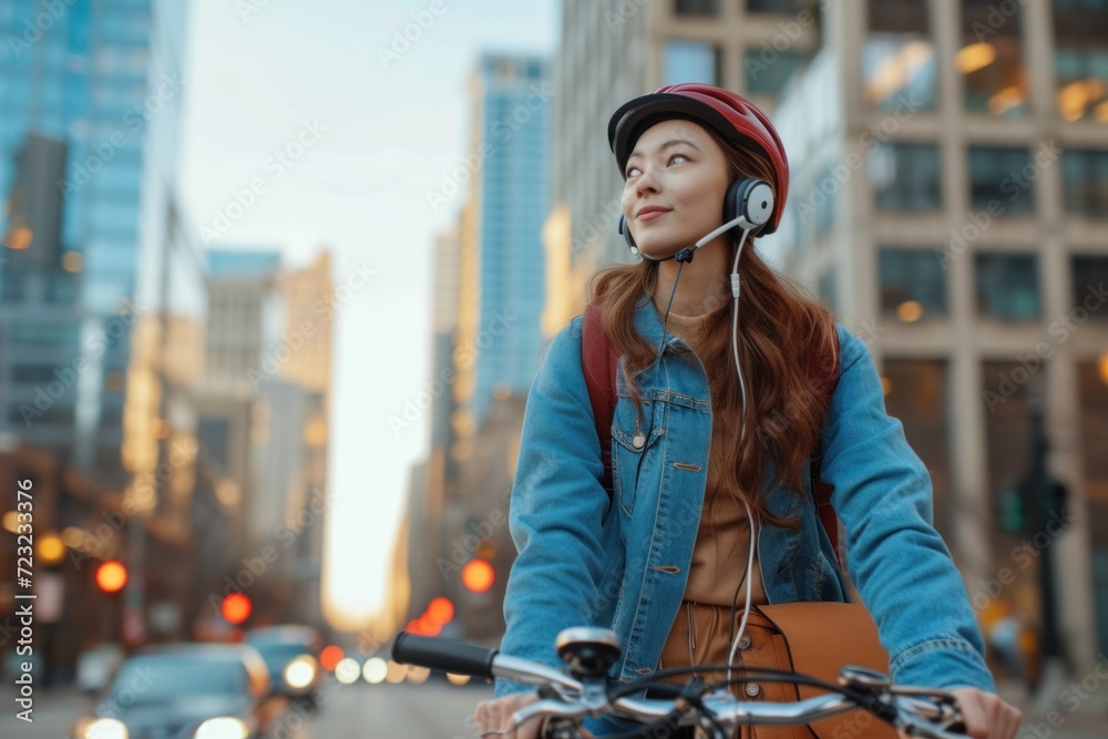 A young woman with headphones enjoys a bike ride in the urban twilight