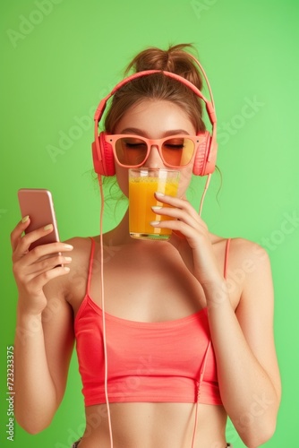 A trendy young woman with headphones sipping orange juice while checking her phone