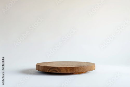 A wooden round table gracefully on a pristine white backdrop