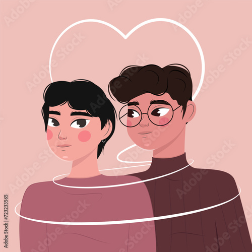 Gay couple with heart joining them together. Happy Valentine's Day illustration.